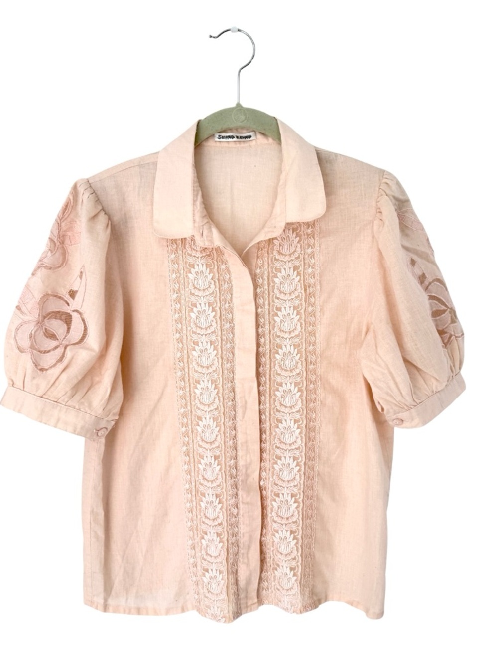 Vintage Embroidered Cut-Out Puff Sleeve Blouse Peach / Blush Size Small